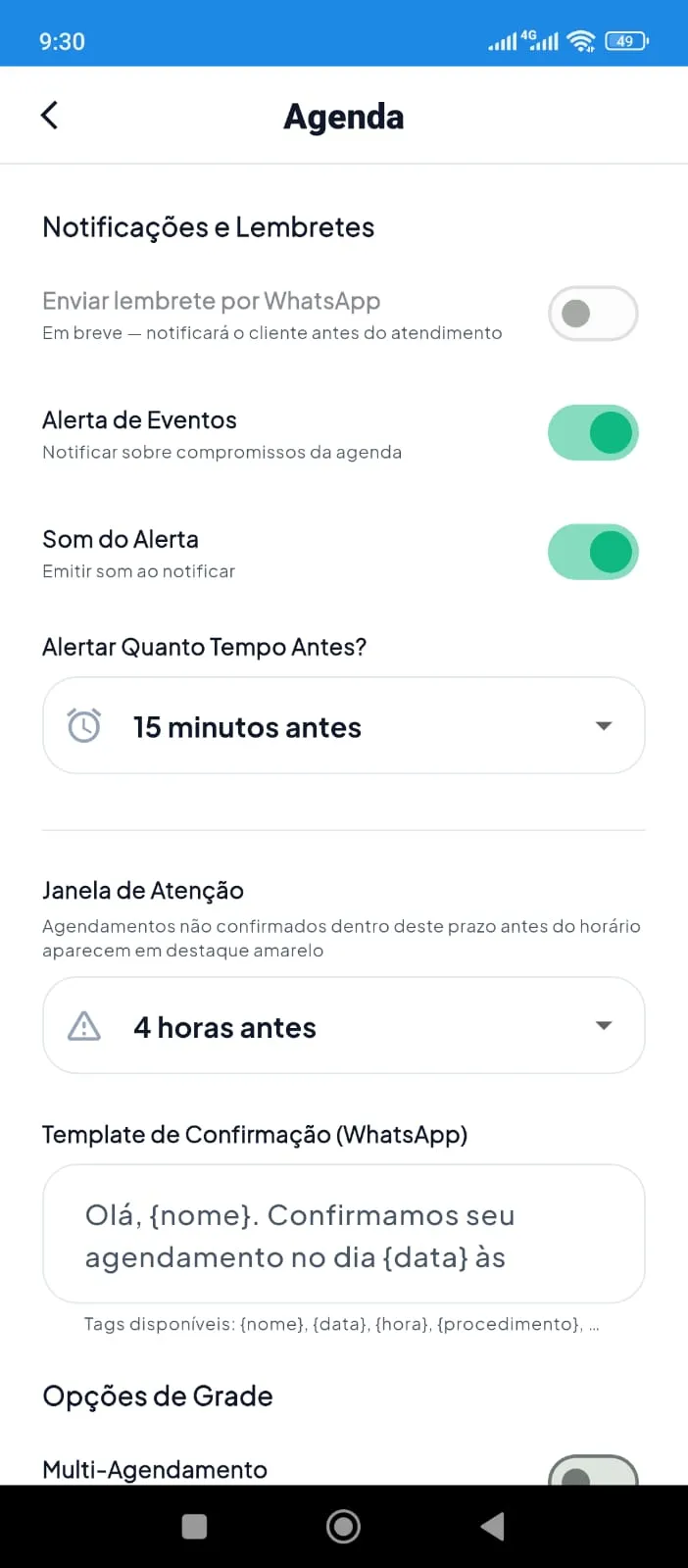 Opções da Agenda